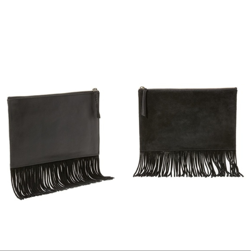 Madewell black leather and suede fringed clutch